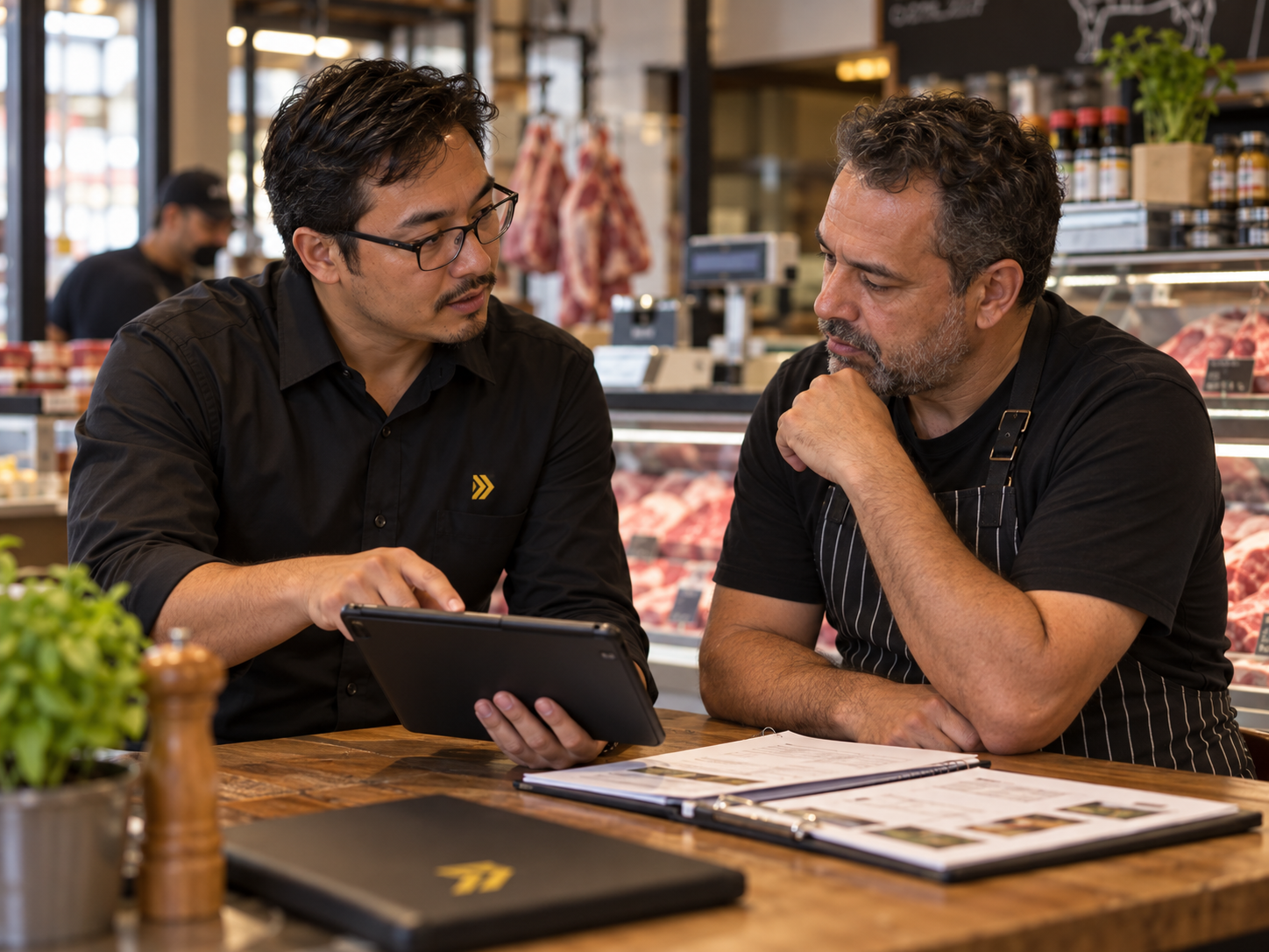 Profissional da TargetNex em conversa presencial com responsável por açougue