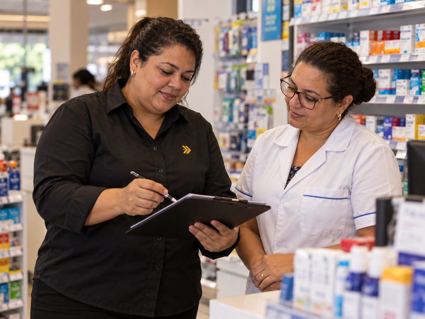 Profissional da TargetNex conversando com comerciante sobre uma operação presencial