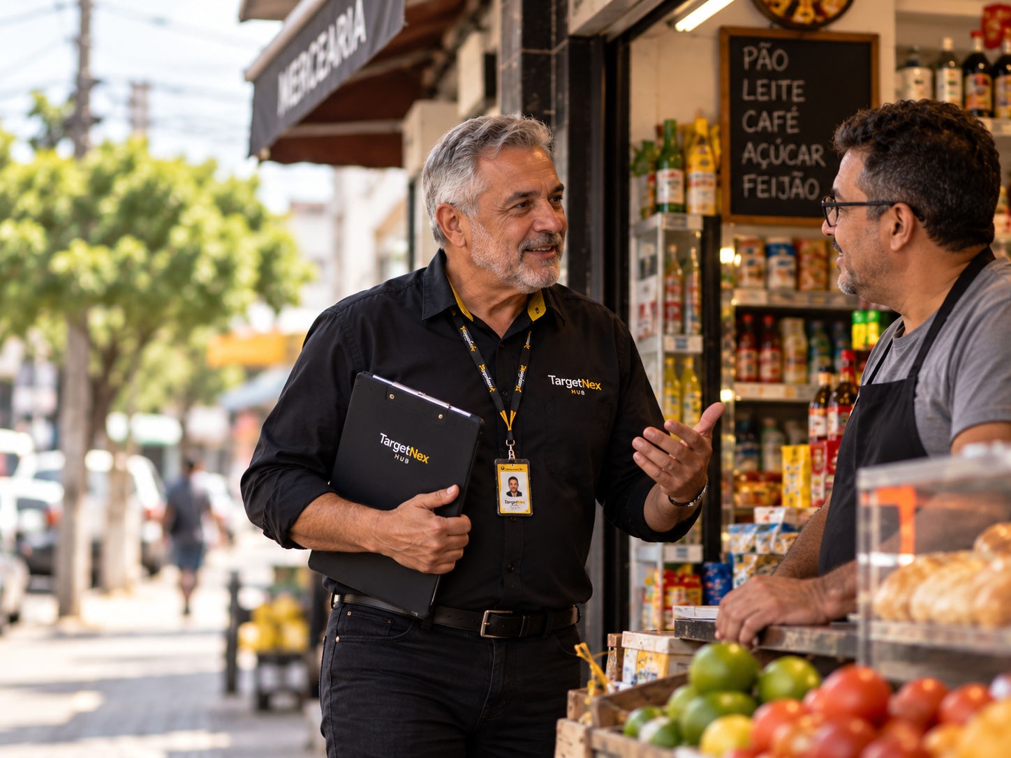 Profissional experiente da TargetNex conversando com comerciante em operação de campo