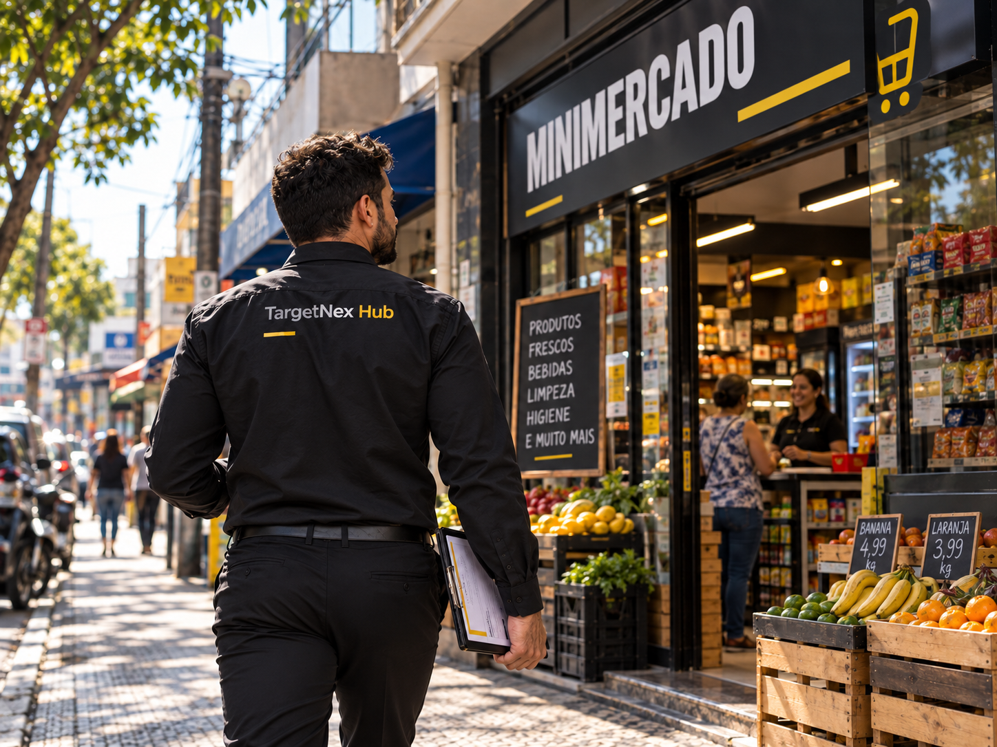 Profissional da TargetNex chegando sozinho a um comércio para execução presencial